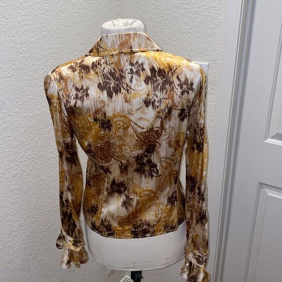 St. John Couture Button Down Silk Vintage Blouse Sz 8 Abstract Brown Gold - Picture 7 of 9